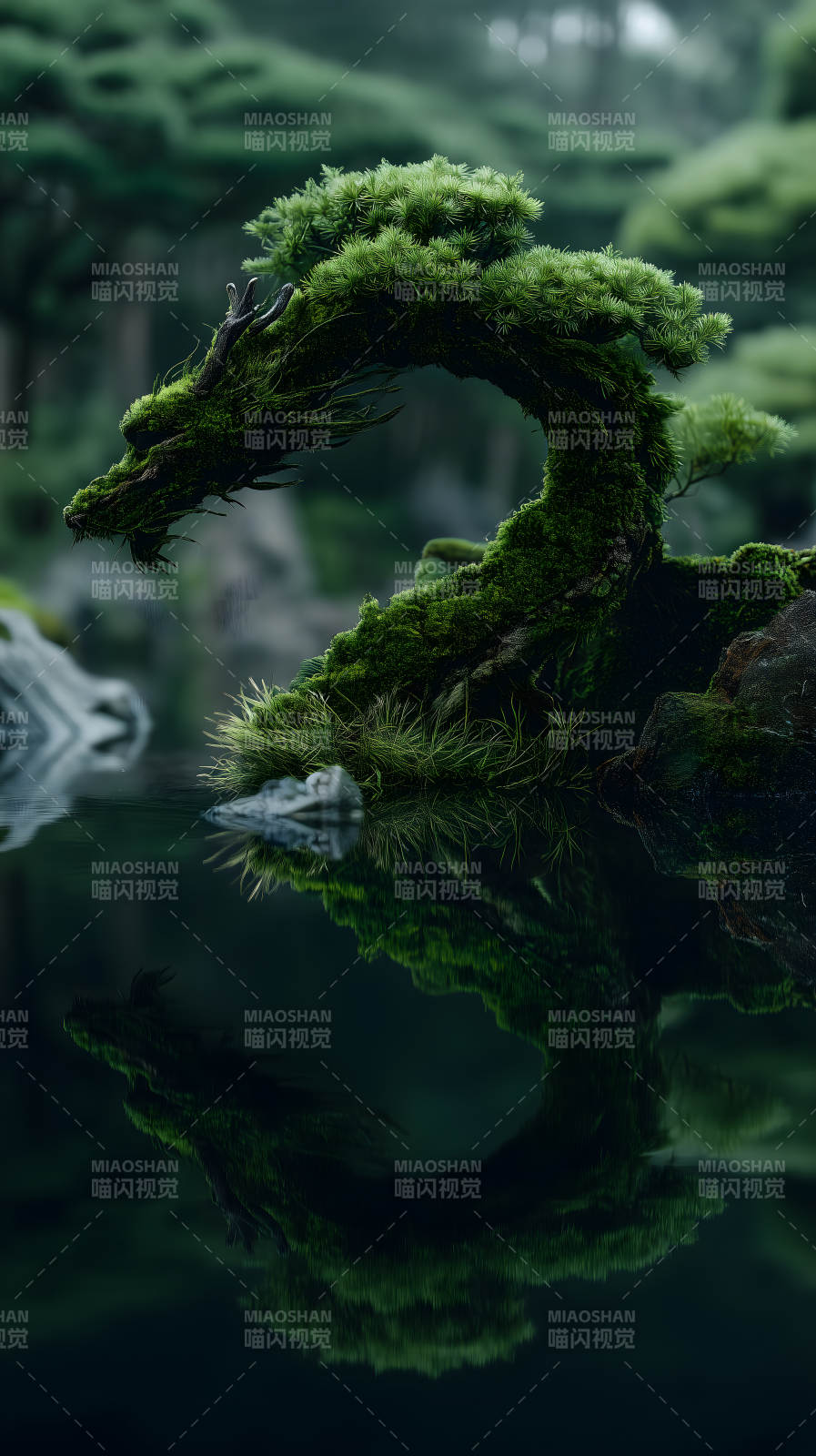 翠绿龙形盆景映照水中图片
