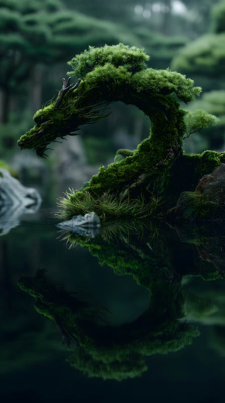 翠绿龙形盆景映照水中-图片