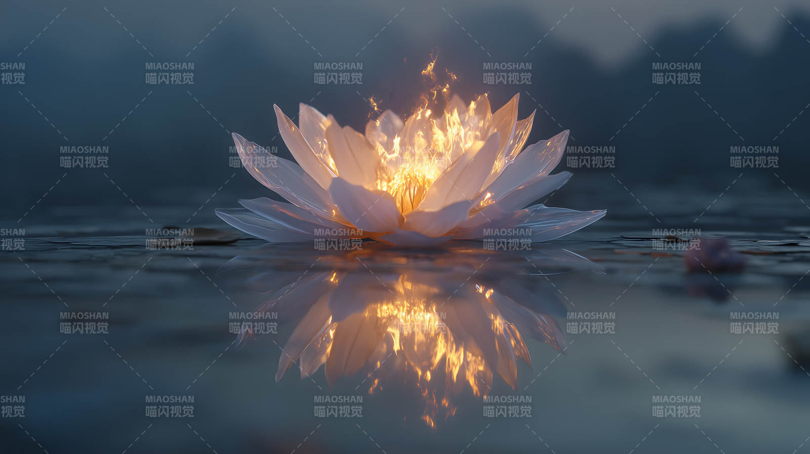 莲花燃烧水面反光图片