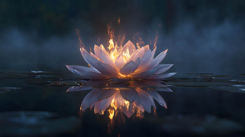 燃烧的莲花水中倒影图片