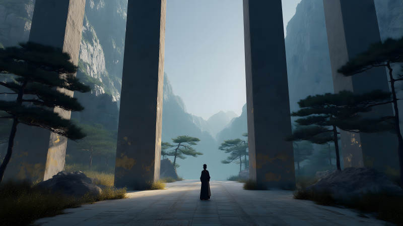 山间巨柱伫立一人-图片