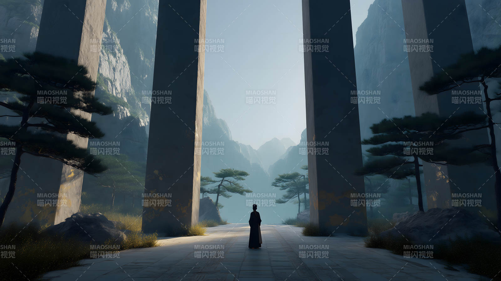 山間巨柱佇立一人圖片