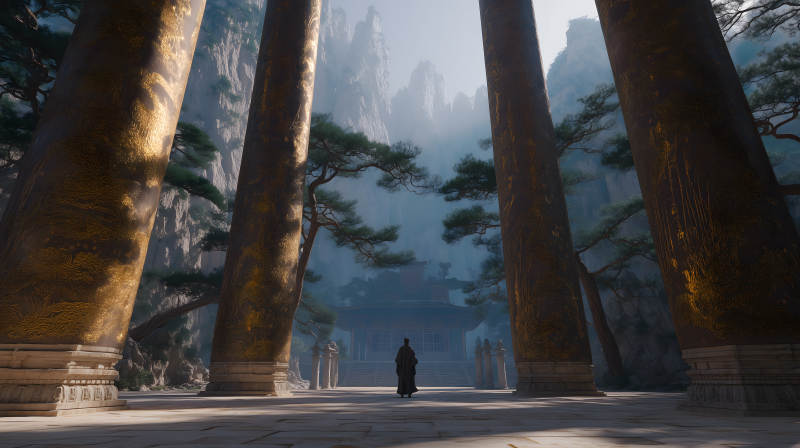 宏伟寺庙与孤独身影-图片