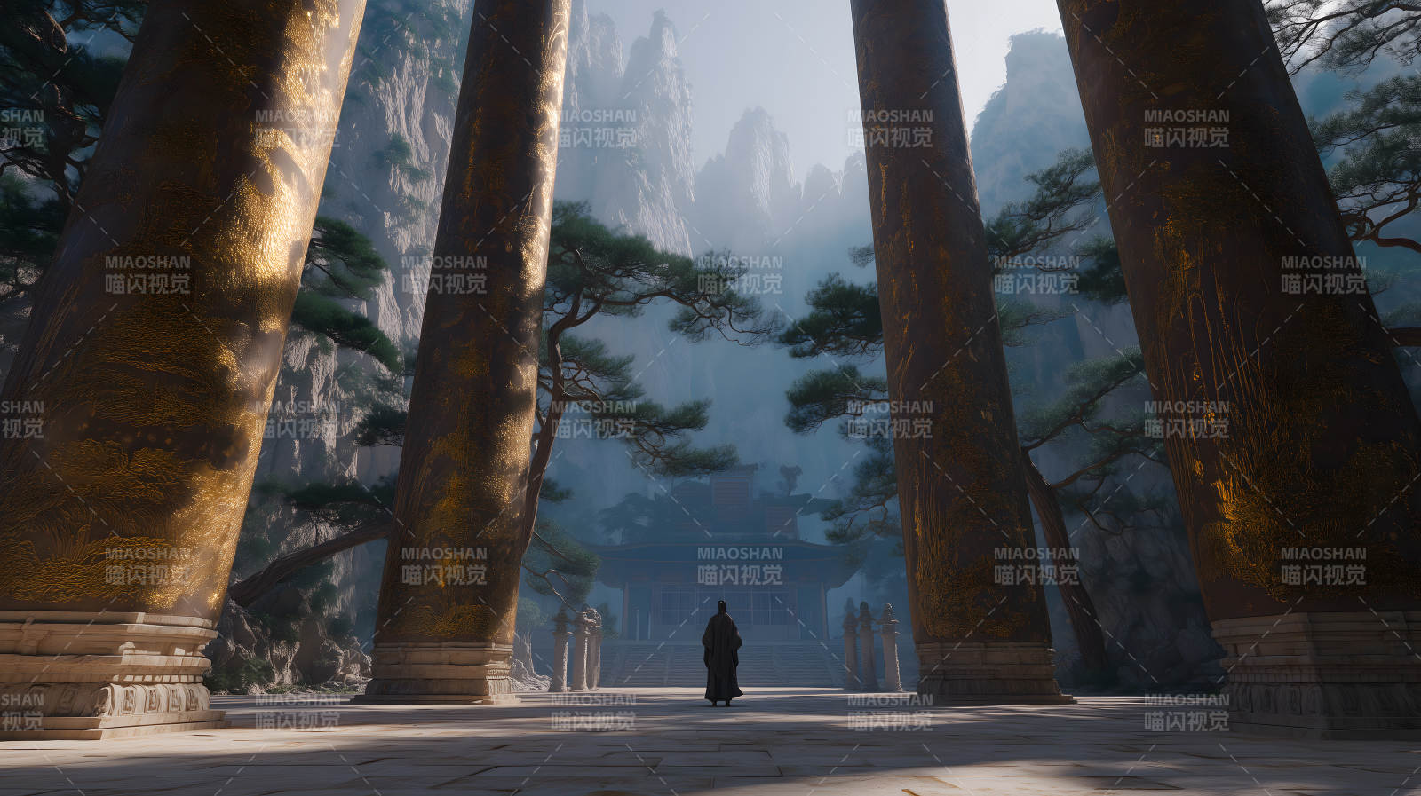 宏偉寺廟與孤獨身影圖片