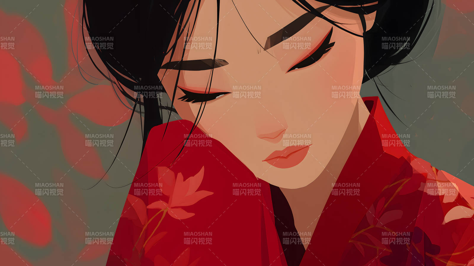 红衣女子低头沉思-图片