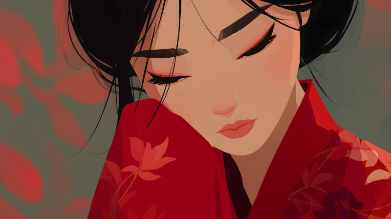 紅衣女子低頭沉思-圖片