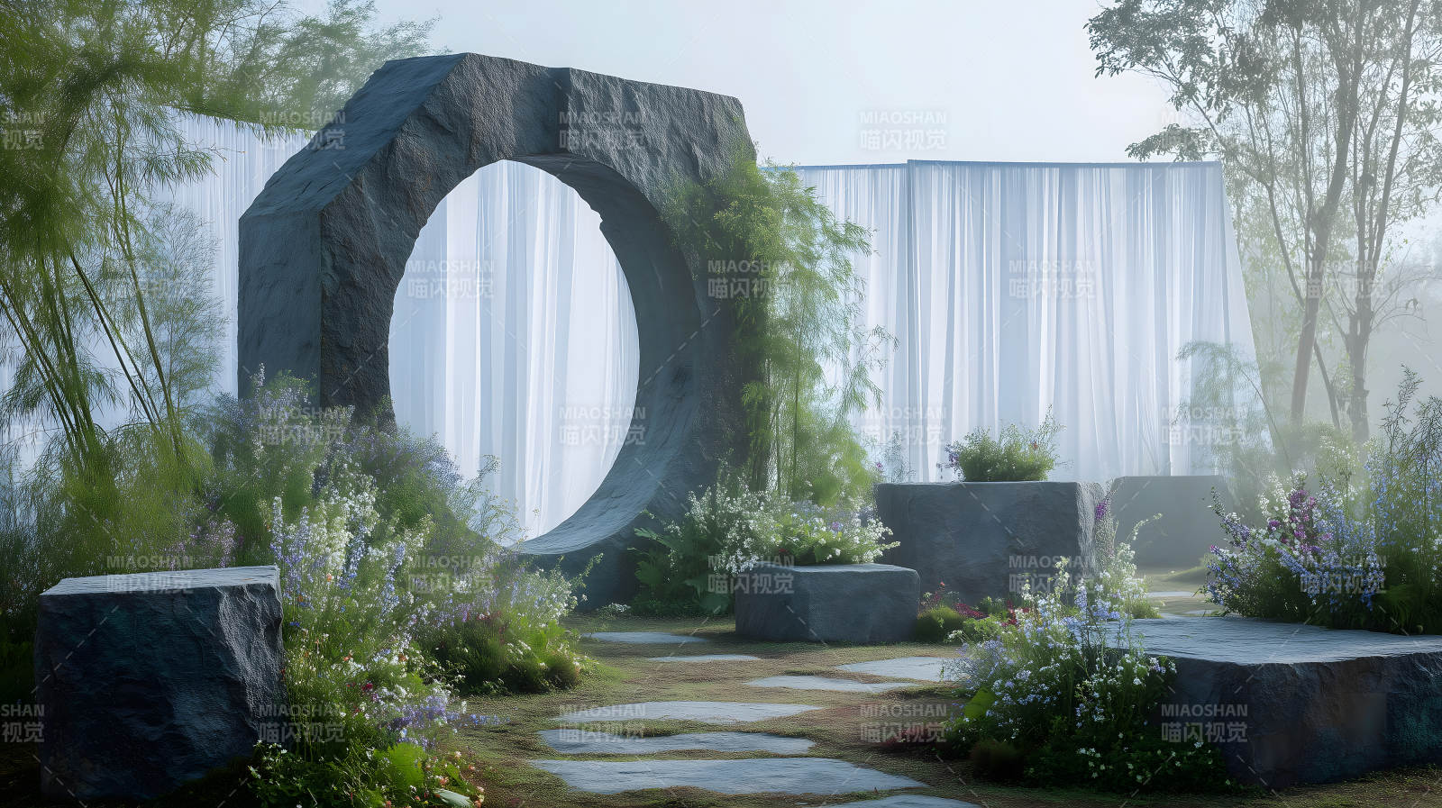 石頭拱門花園布景-圖片