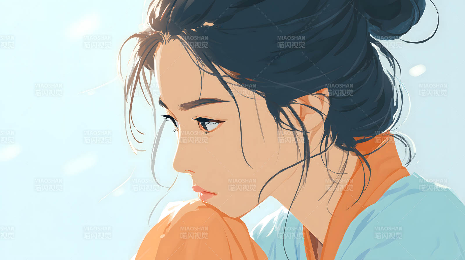 側顏女孩沉思-圖片