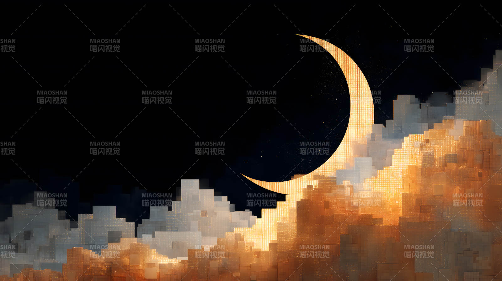 月牙升起在城市上空-图片