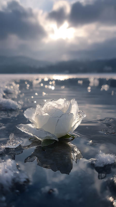 冰雪玫瑰水面倒影图片