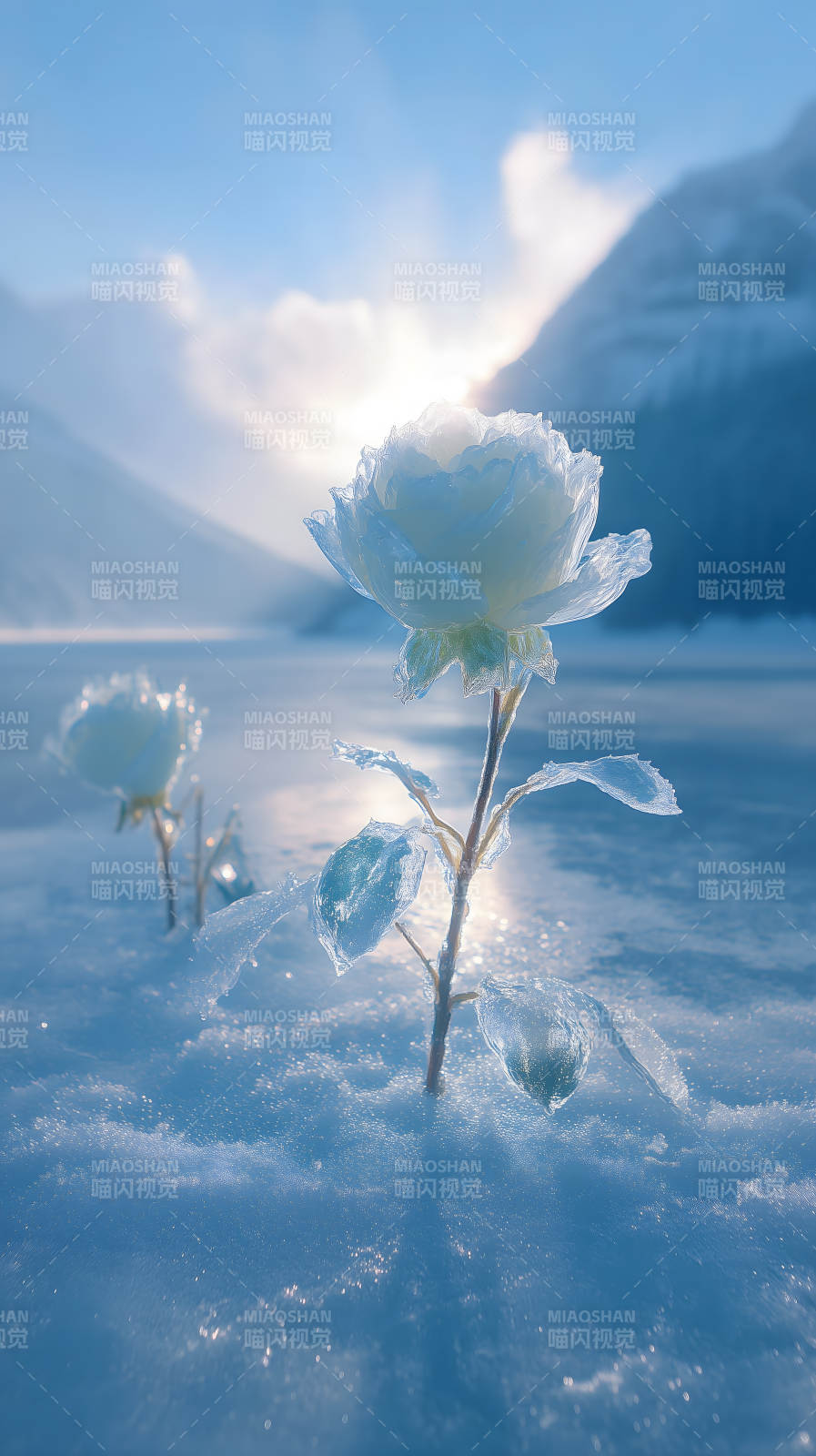 冰雪玫瑰绽放雪地-图片