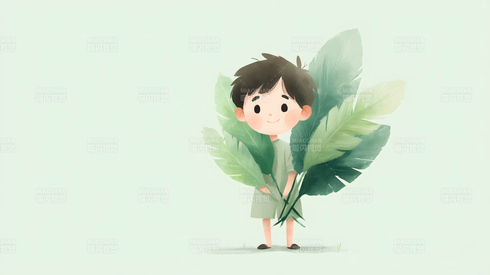 男孩捧着绿叶-图片