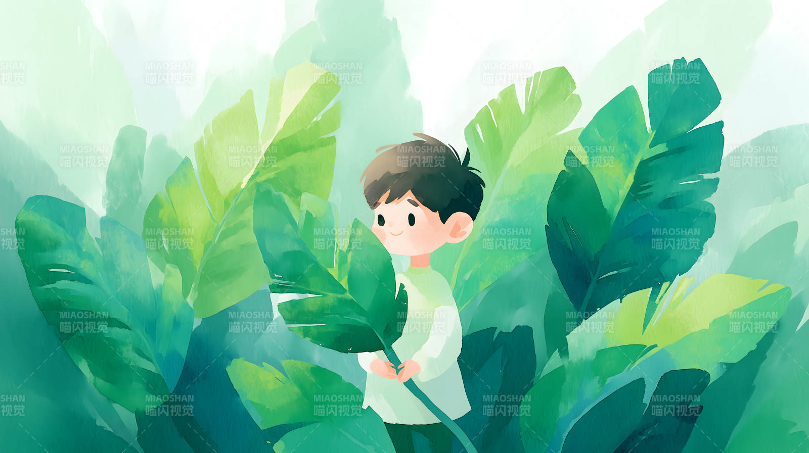 孩子在树叶中玩耍-图片