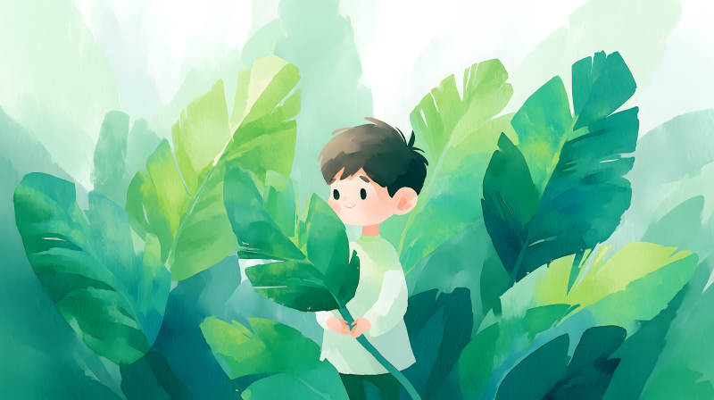 孩子在树叶中玩耍-图片