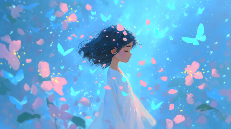 女孩沉静花瓣飘舞-图片