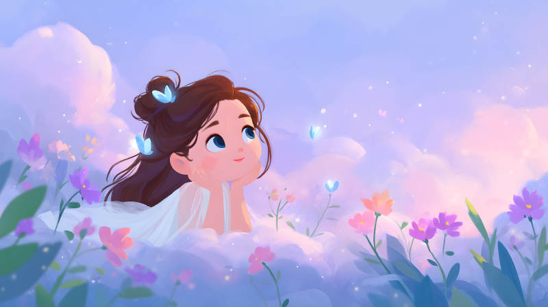 云朵女孩仰望蝴蝶圖片