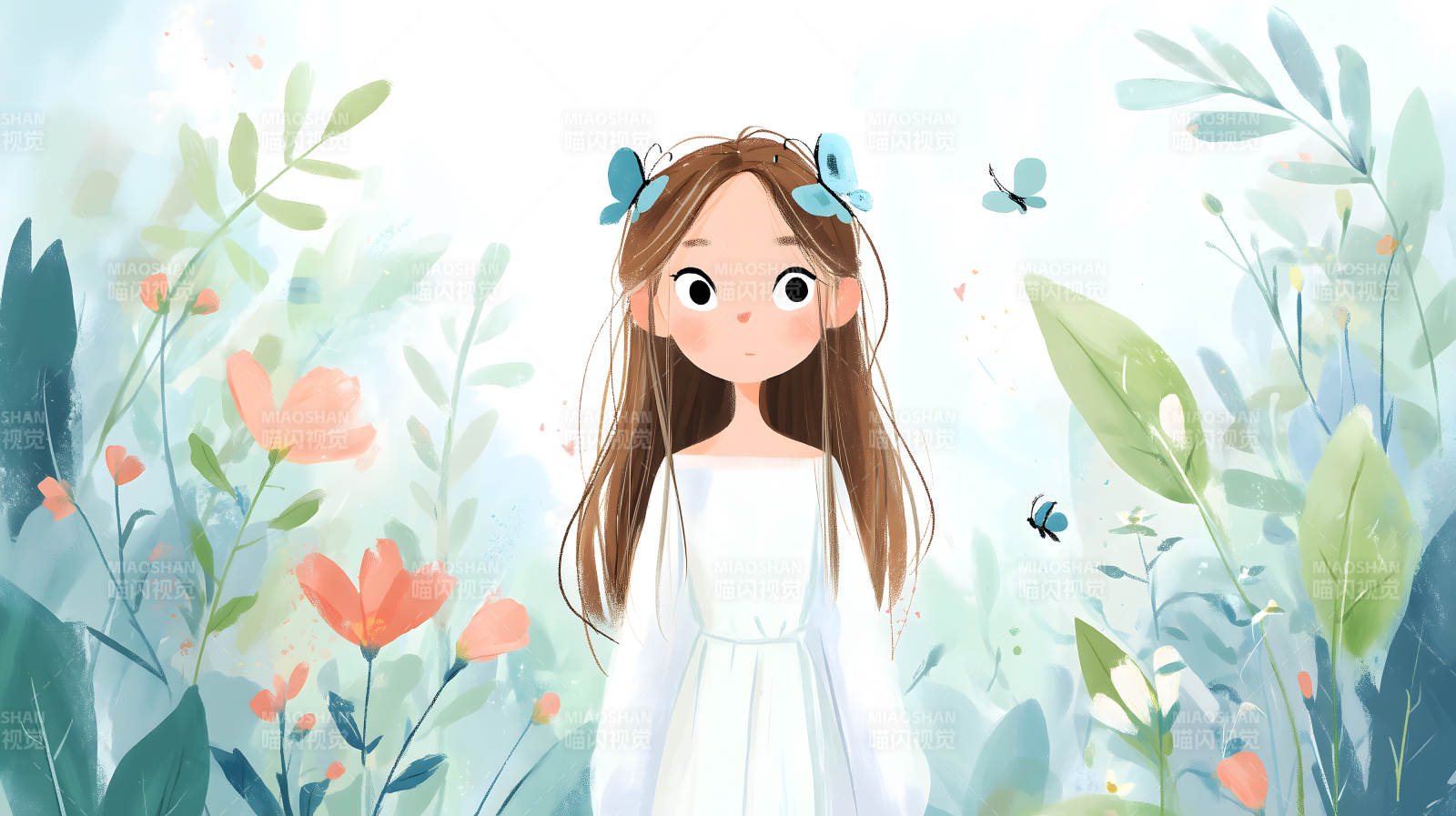 女孩與蝴蝶花卉圖片