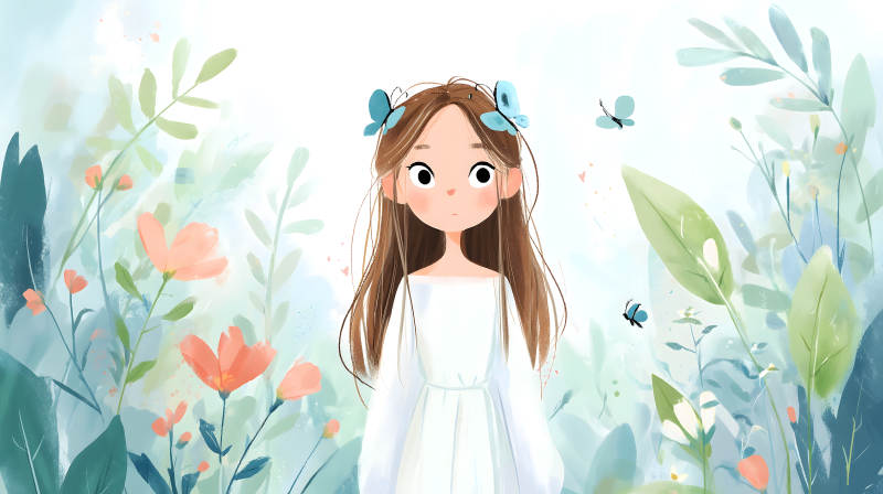 女孩與蝴蝶花卉圖片