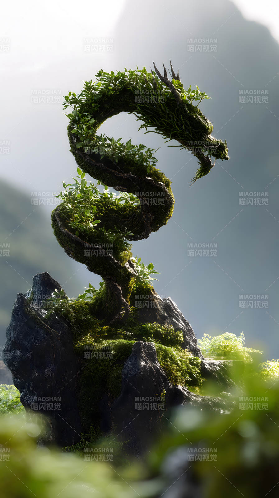 绿植龙形石上景观图片