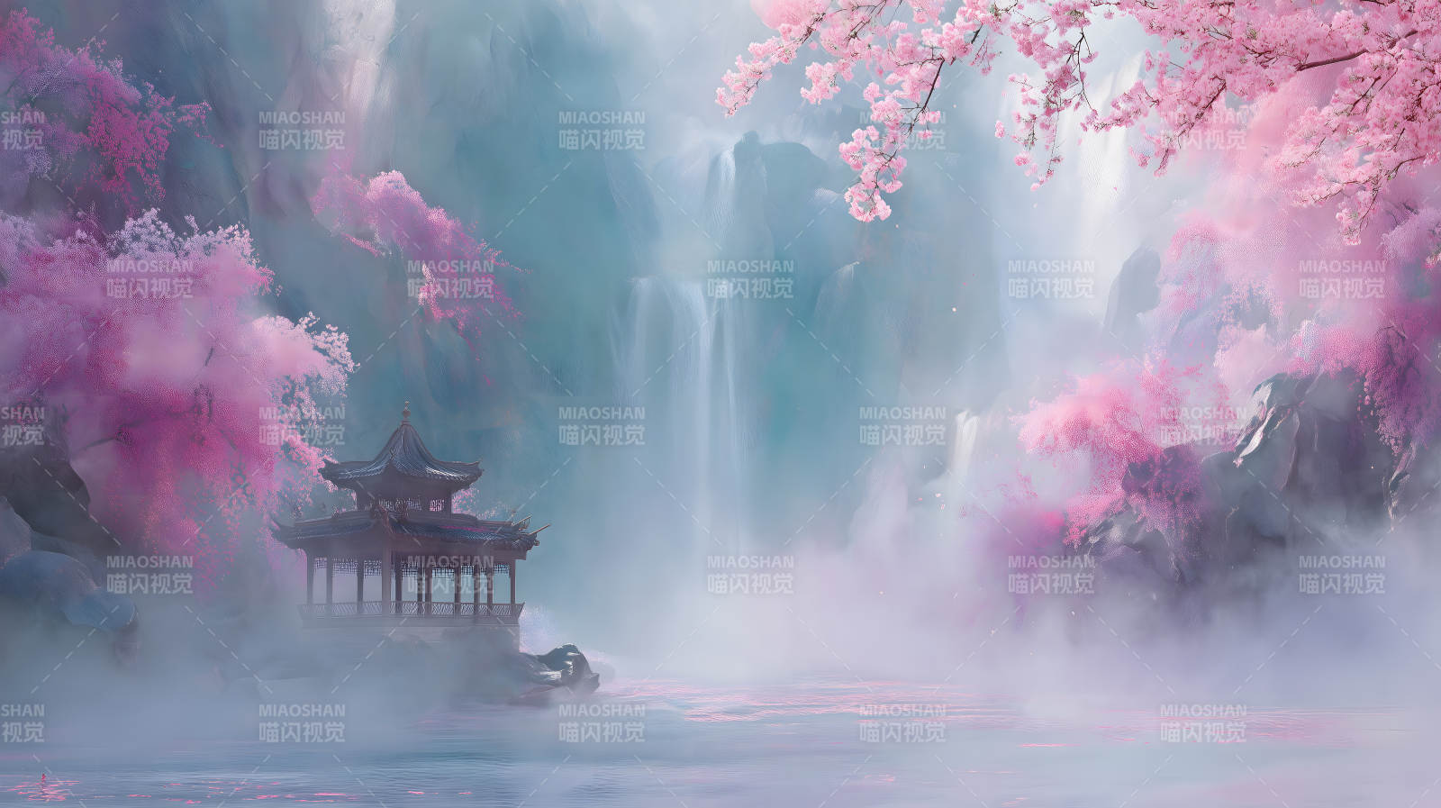 梦幻仙境樱花瀑布图片