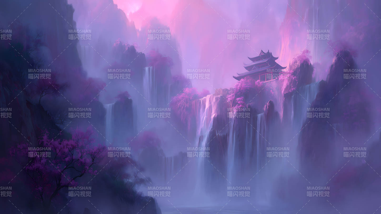 紫霧山川寺廟仙境-圖片