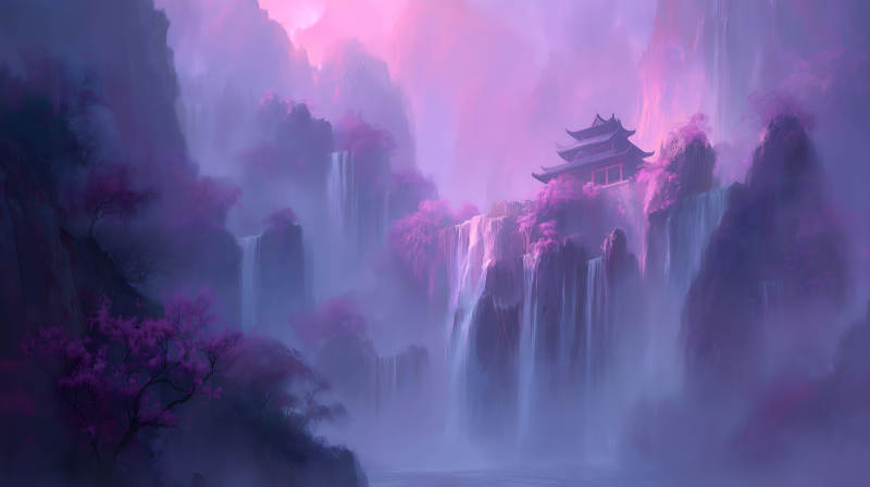 紫霧山川寺廟仙境-圖片