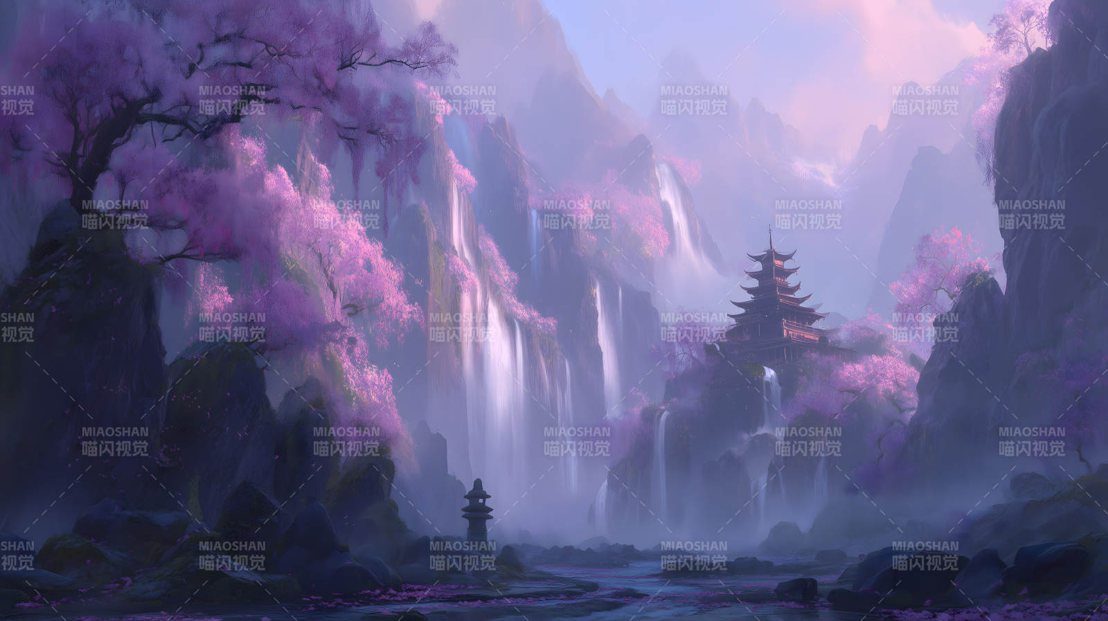 瀑布寺廟櫻花盛開-圖片