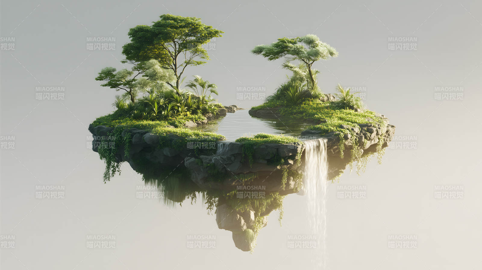 空中島嶼流水瀑布綠植-圖片