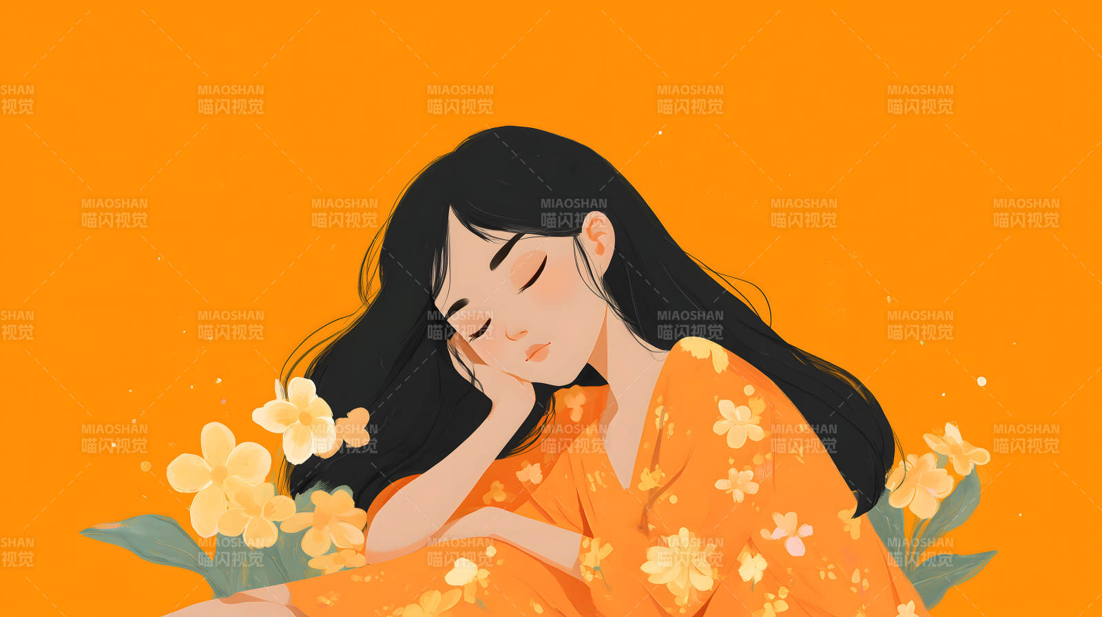 女孩休憩花团簇拥图片