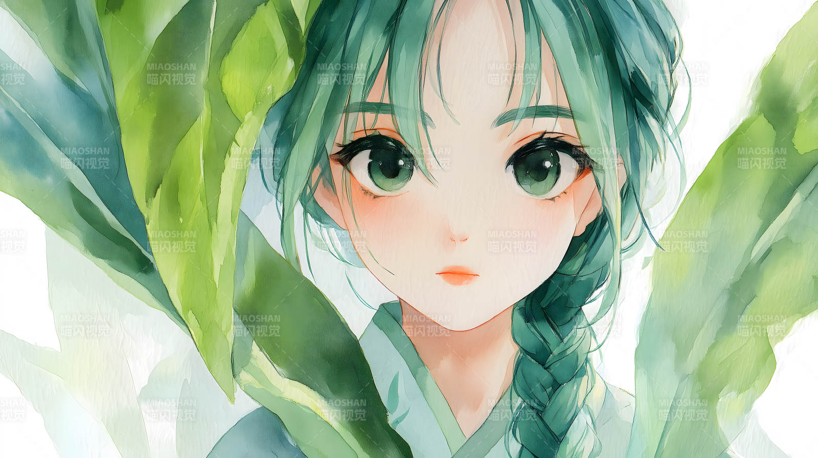 绿发少女凝视-图片