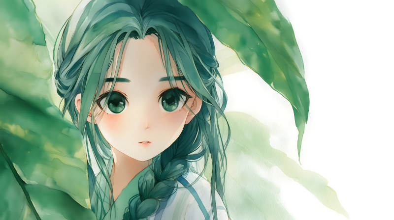 绿发少女凝视-图片