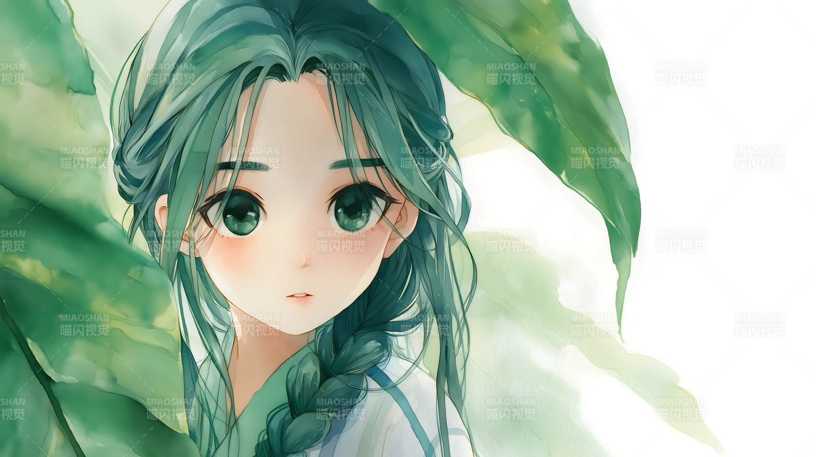 綠發少女凝視圖片