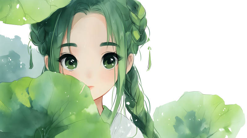 綠色少女探頭看-圖片