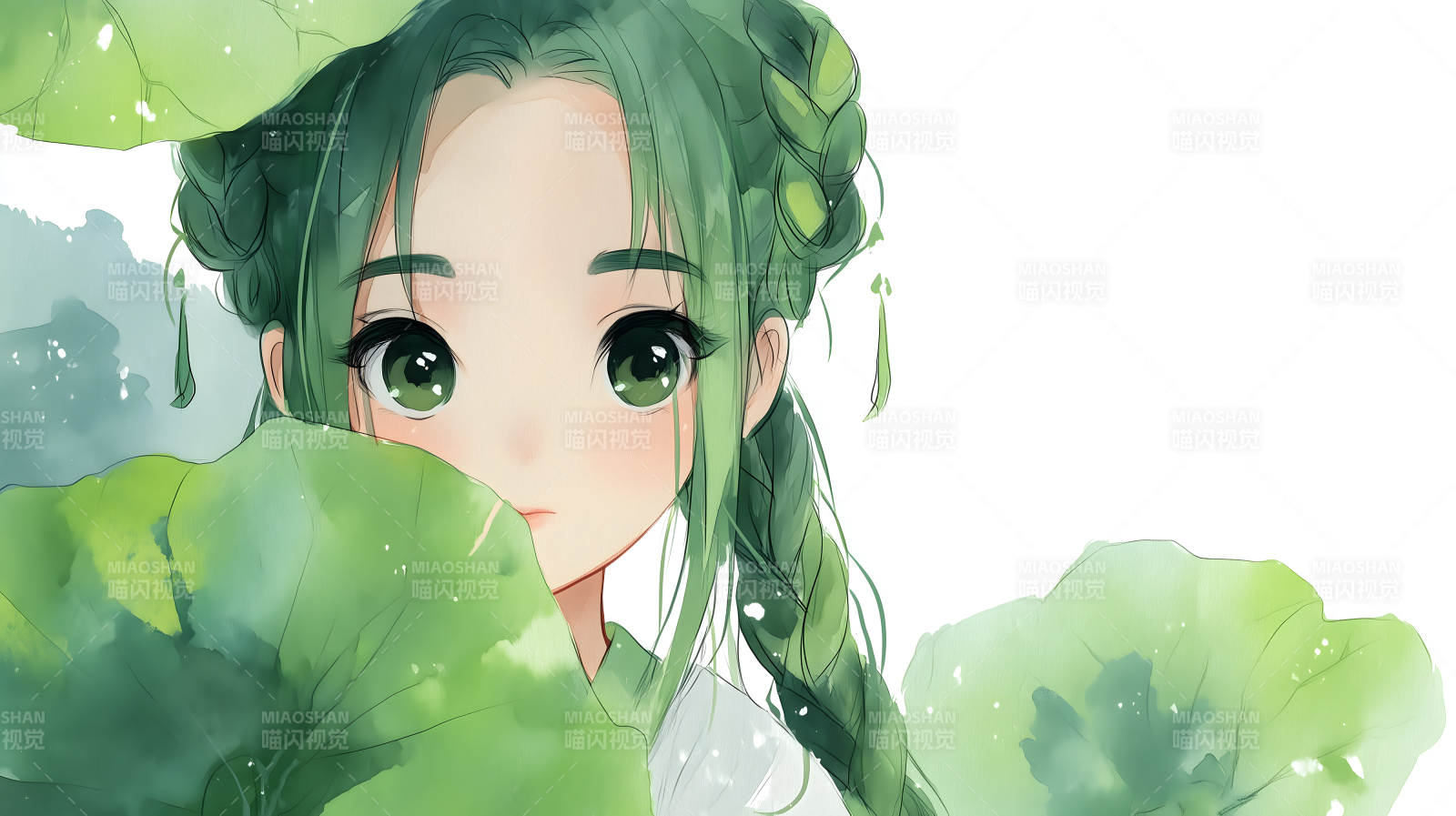 綠色少女探頭看圖片