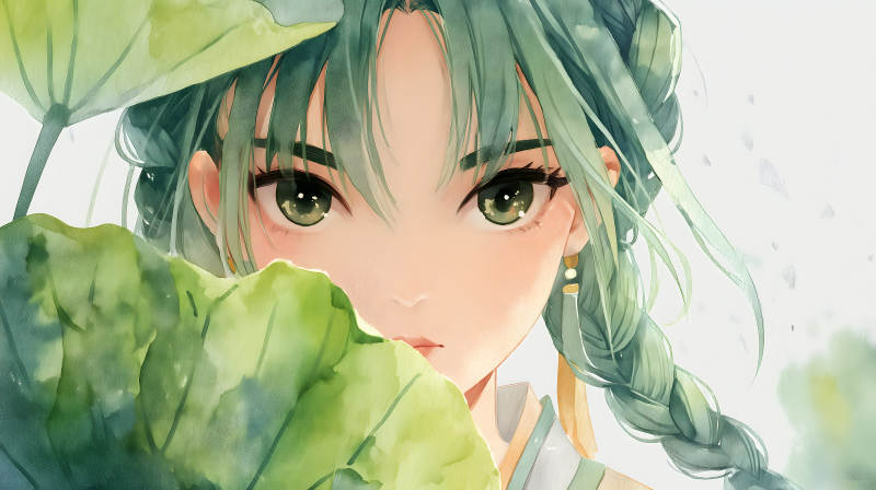 水墨少女赏莲图片