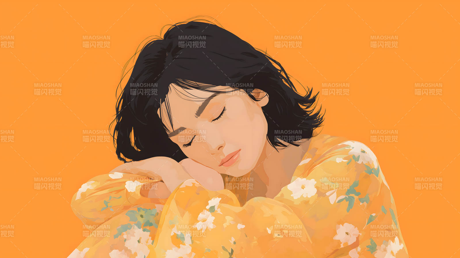 女孩闭眼倚靠着-图片