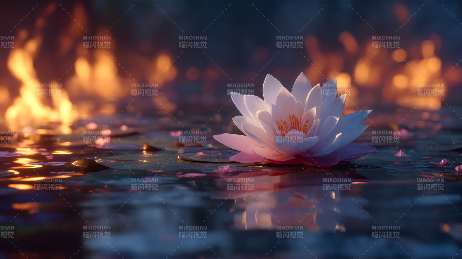 蓮花水面火焰交織景象-圖片