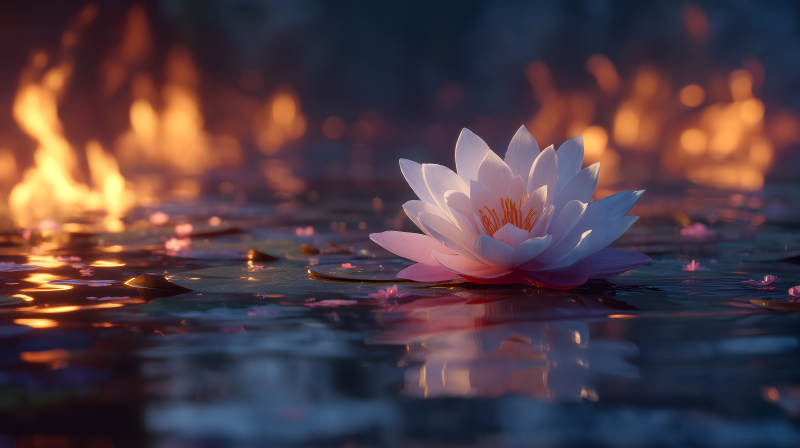 蓮花水面火焰交織景象-圖片