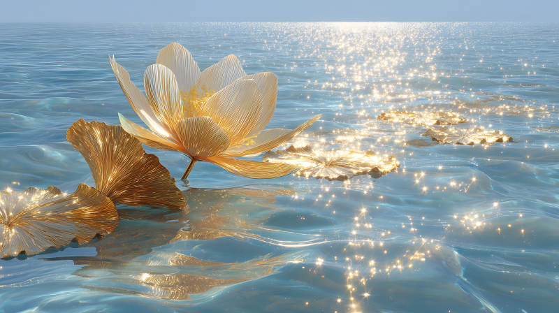 金色蓮花閃耀水面-圖片