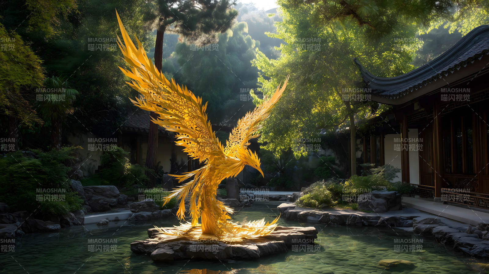 金色鳳凰立于水池之中-圖片