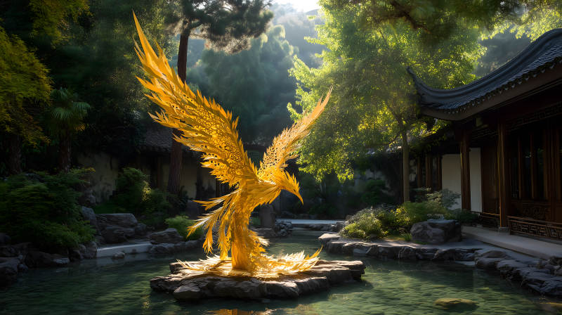 金色凤凰立于水池之中-图片