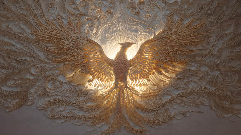 鳳凰涅槃金色紙雕-圖片