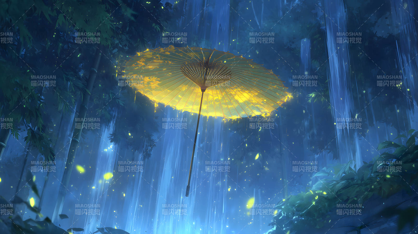 雨中伞影萤火漫天图片