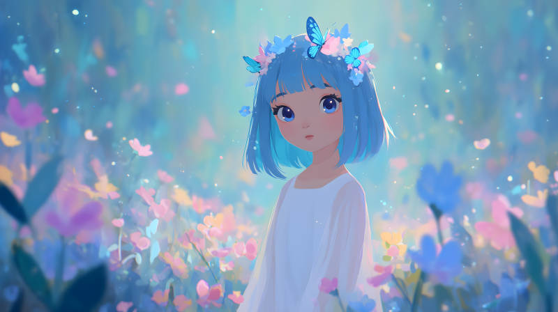 藍發女孩花園圖片