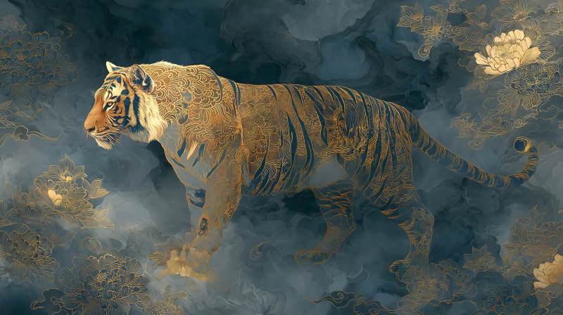 金虎游動東方意境圖-圖片