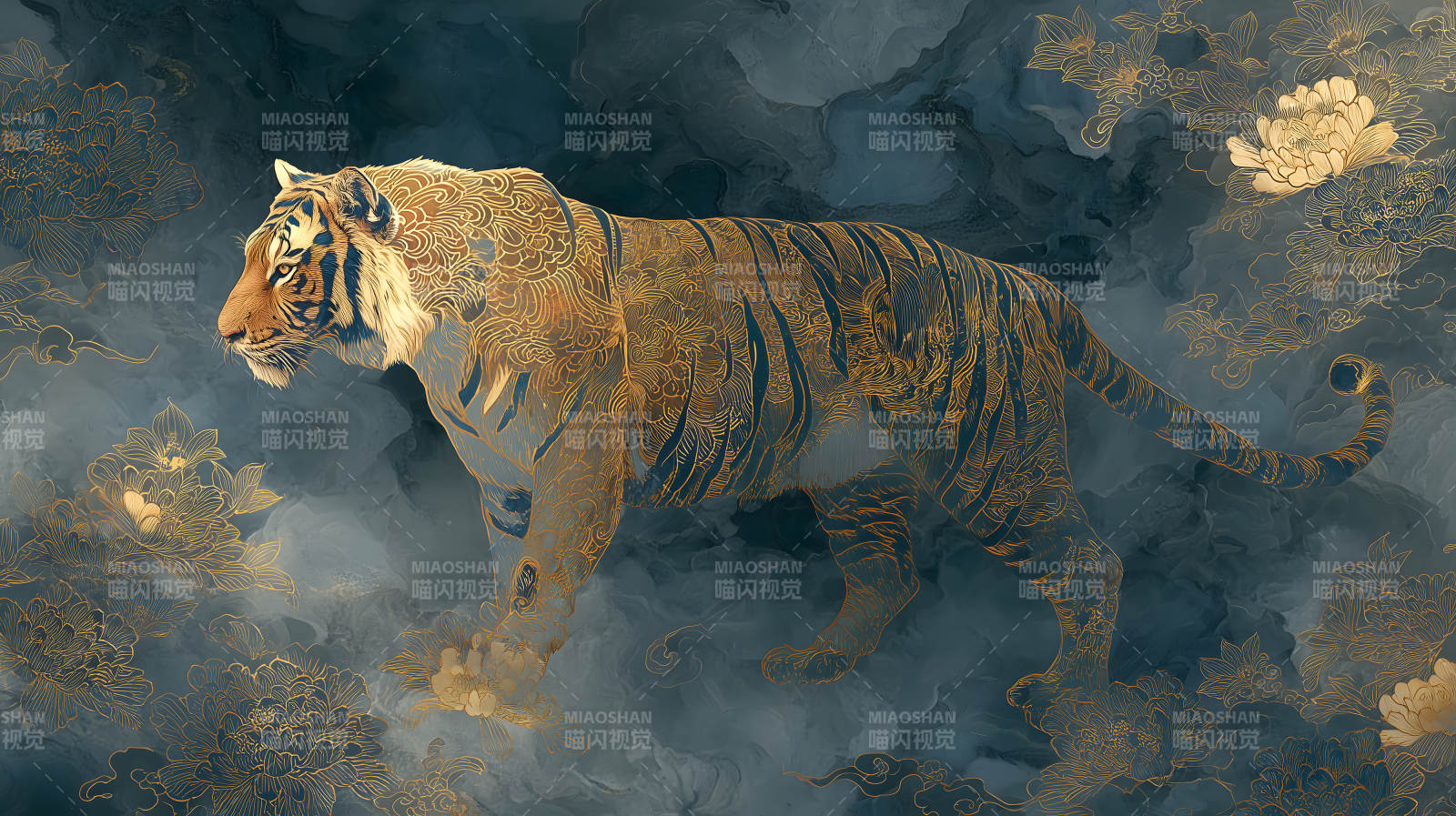 金虎游動東方意境圖-圖片