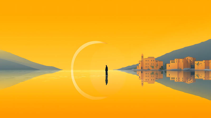 金色水面下的孤獨剪影-圖片