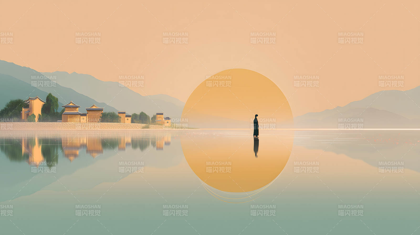 湖畔僧侶沐浴夕陽-圖片