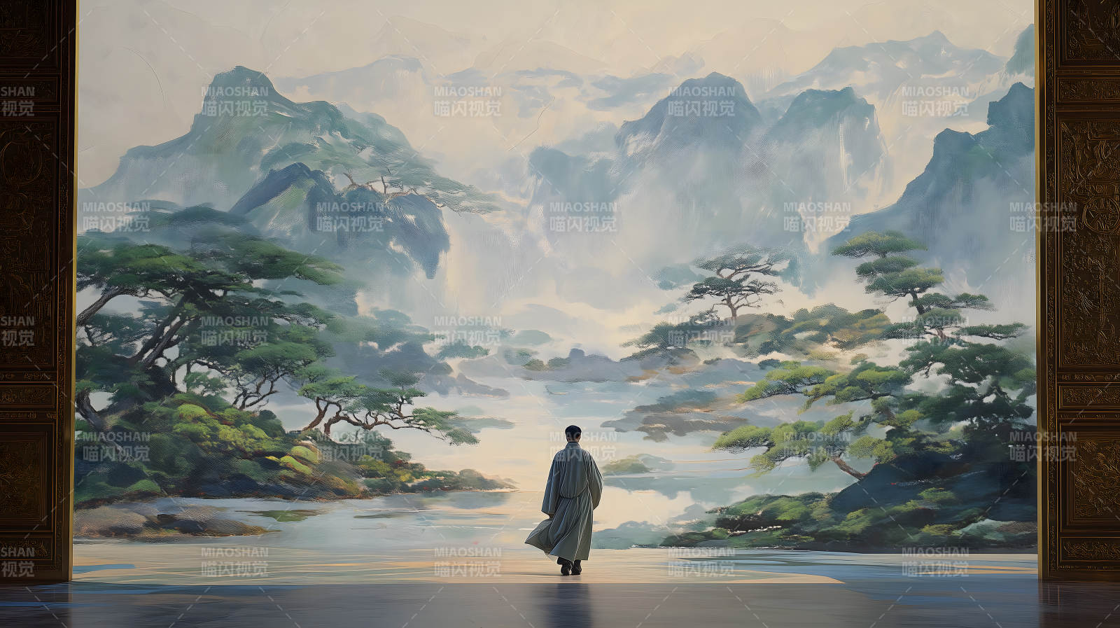 山水意境中的禪者背影-圖片