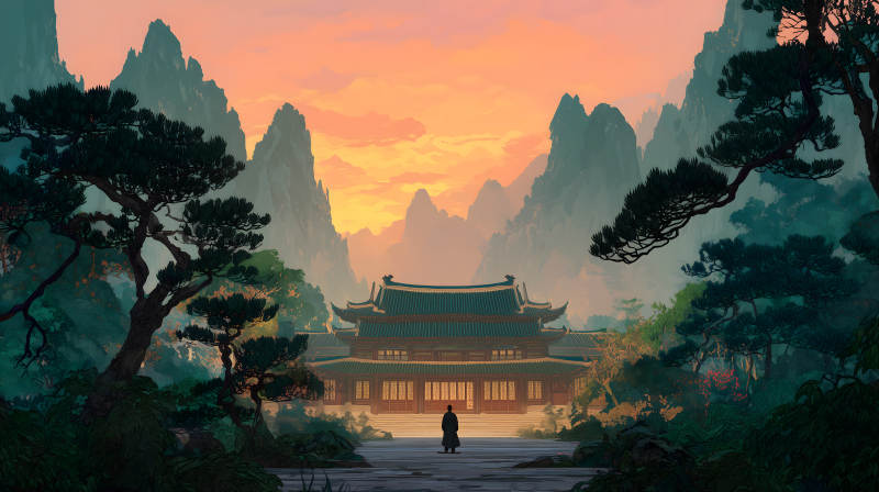 山間廟宇暮色-圖片